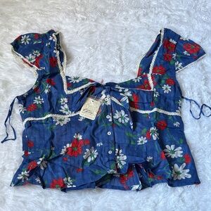 NWT Free People Blue Quartz Daisy Print Call Me Baby Blouse Size XL